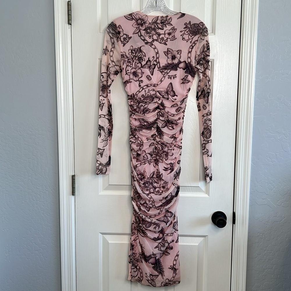 PINKO Slim Fit Tattoo Print Midi Dress ruched mesh long sleeve pink black small - Picture 5 of 13